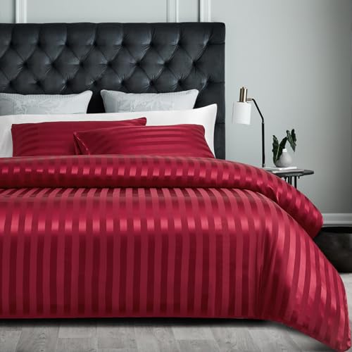 Housse de couette Satinée Teamllong Rouge 200x200 Qualité Hôtelière, Couleur Pure Rayée | Parure de Lit Lisse et Douce |