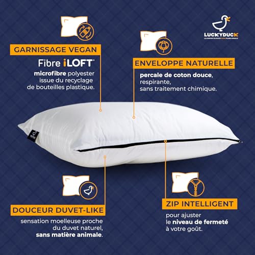 Luckyduck Oreiller Élastique 50x70 - Confort Réglable & Hypoallergénique - Tissu Percale Coton Blanche - Soutien Moelleu