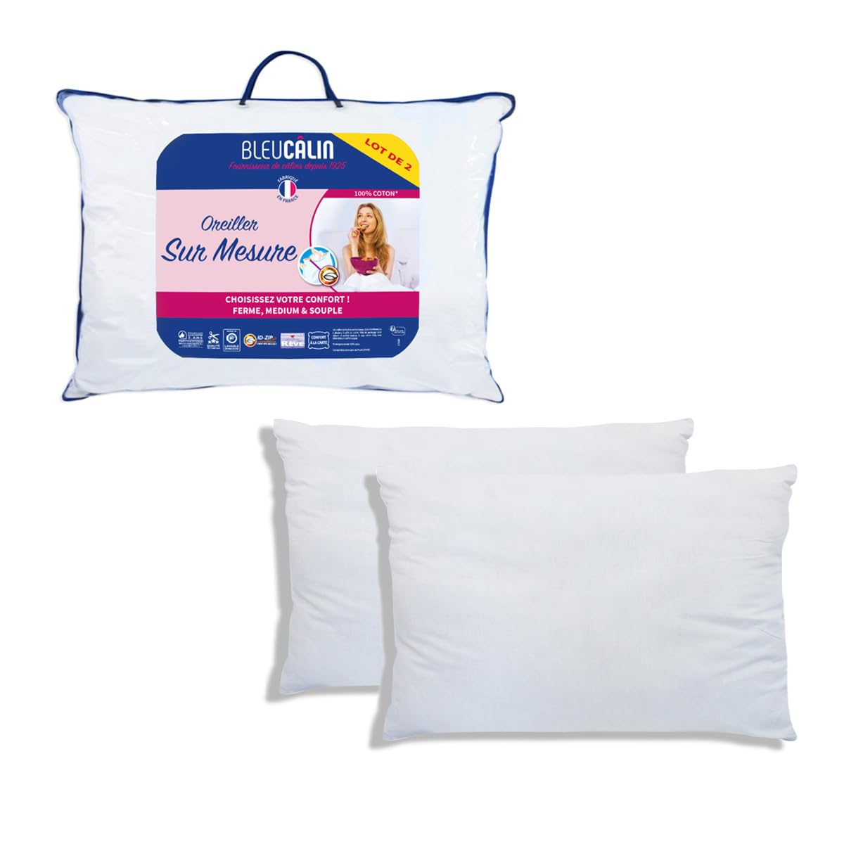 Oreillers Bleu Câlin Lot de 2 Confortibles, Souple à Ferme, En Coton 100%, Blancs 50x70cm pour Repos Optimal