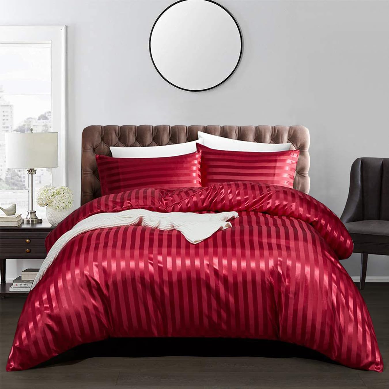 Housse de couette Satinée Teamllong Rouge 200x200 Qualité Hôtelière, Couleur Pure Rayée | Parure de Lit Lisse et Douce |