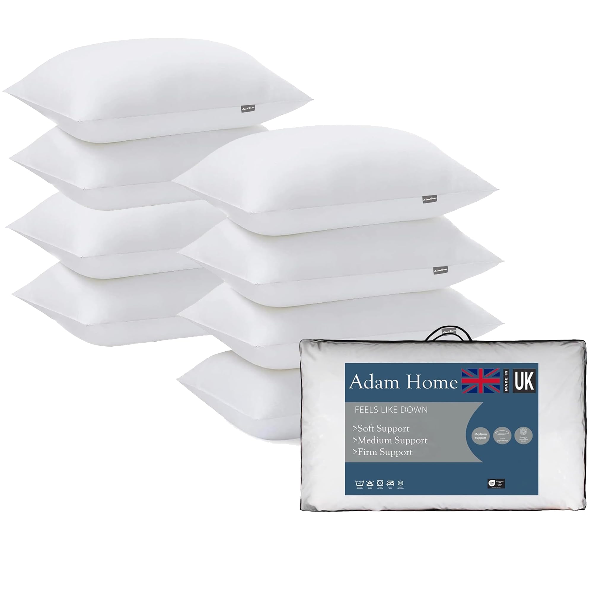 Adam Home Lot de 8 Oreillers (50 x 75 cm) Hôtel Quality pour Dormeurs Latéraux, Étanche à la Poussière, Remplissage Supé