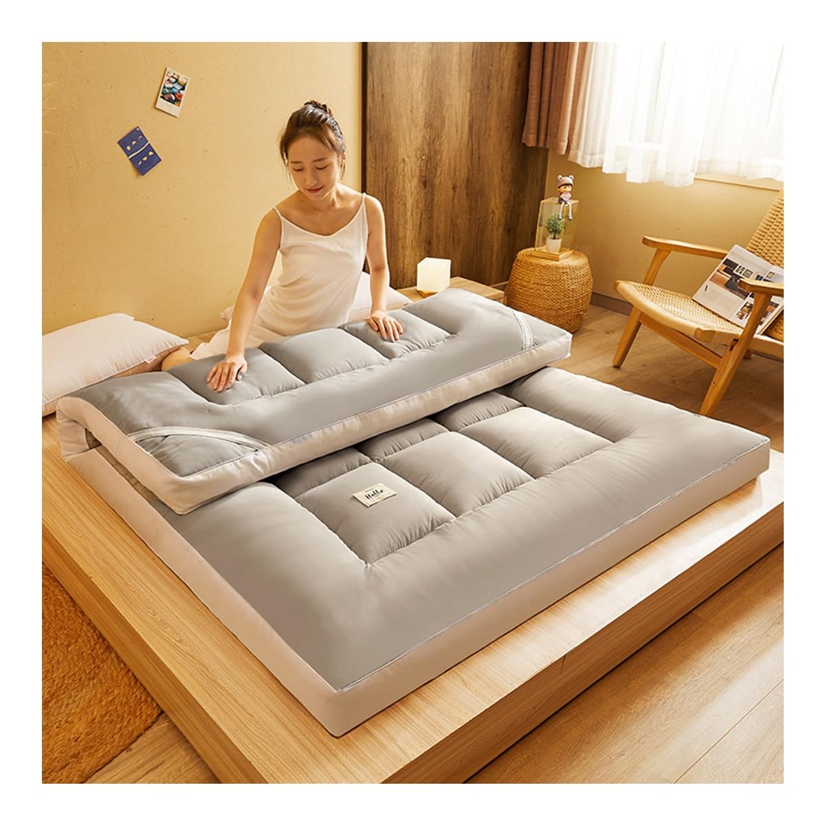 Matelas futon japonais respirant extra épais pour lit simple, surmatelas luxury gris qualité hôtelière 150x200 cm avec o