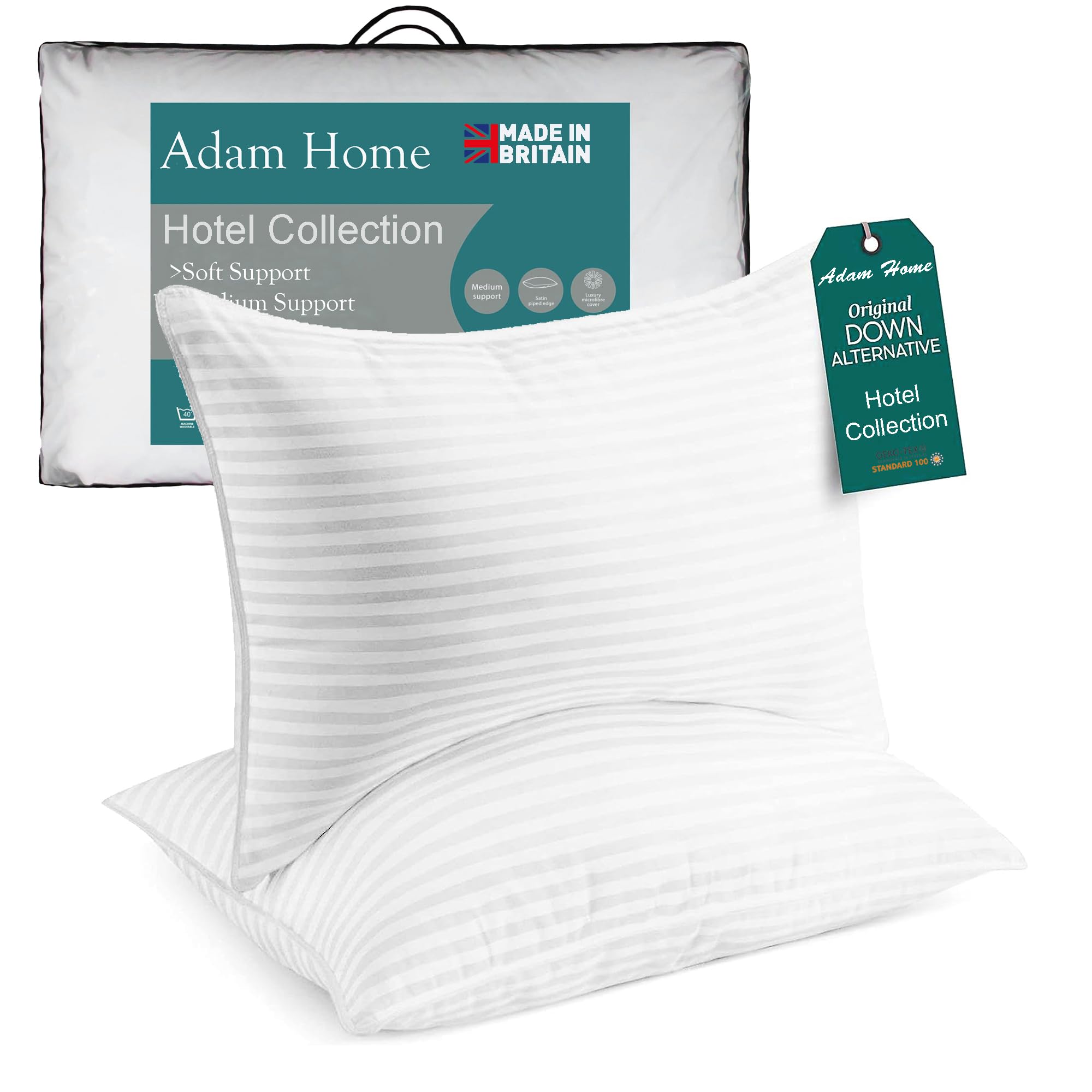Adam Home Oreillers à Rayures pour Dormeur Latéral Lot de 2 50 x 75 cm Qualité Hôtelière Résistants à la Poussière Rempl