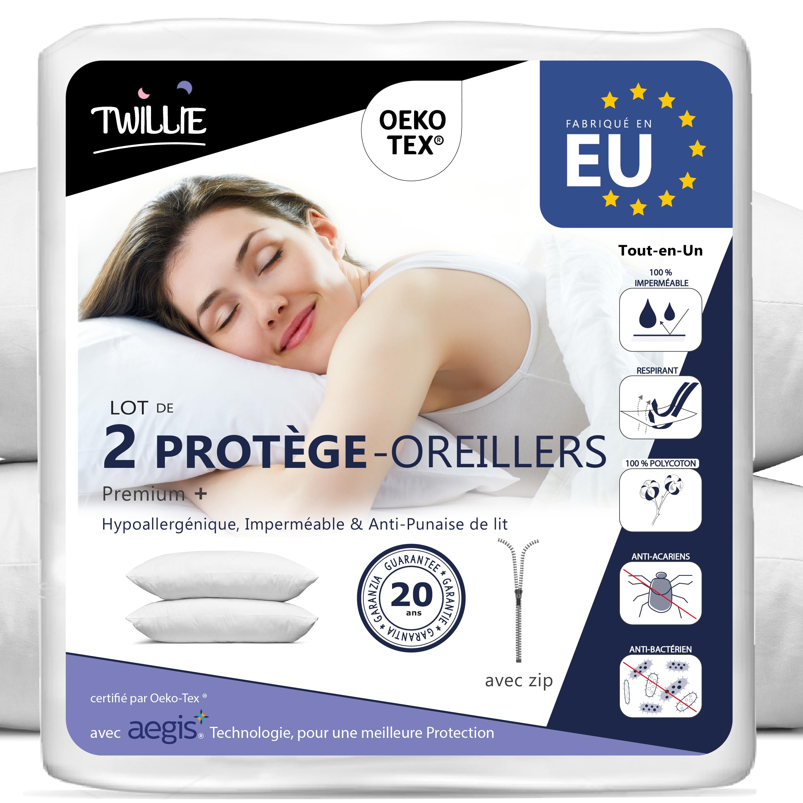 Oeillers Twilleie Protégés Lot de 2 Imperméables 50x70 cm - Qualité Supérieure Oeko-TEX certifié - Aegis Hypoallergéniqu
